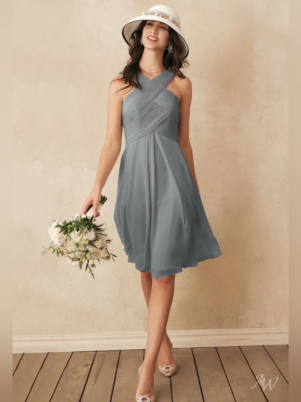 Azazie Steel Grey Halter Bridesmaid Dress Wedding Guest Formal Gown Size 0 NWT